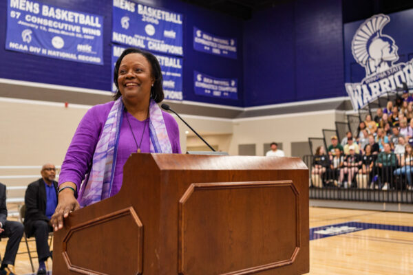 WSU Vice President Denise McDowell greets the new class of students during Welcome Week.