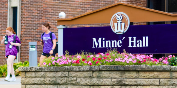 Students exit Minne Hall on the WSU campus in Winona.