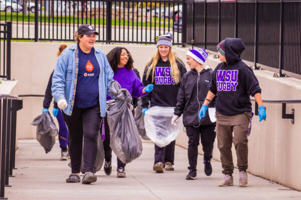 A group of WSU students volunteer to pick up trash in the Winona community.